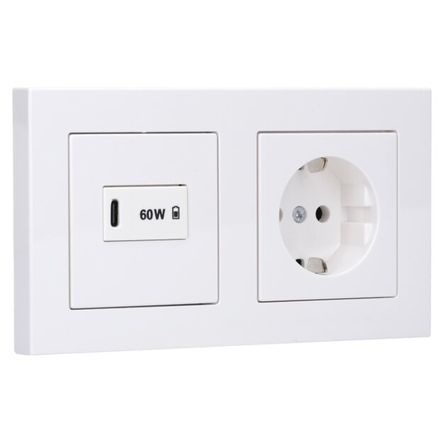 Jung Serie A USB Set Schneeweiß Matt: USBPD60CWW USB-PD60-Ladegerät + A1569USBWWM Abdeckung + A1520BFWWM SCHUKO Steckdose + A5582BFWWM Rahmen 2-fach
