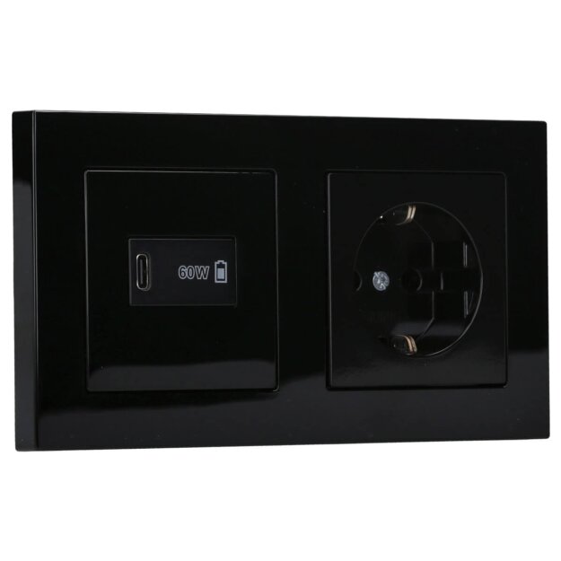 Jung Serie A USB Set Schwarz: USBPD60CSW USB-PD60-Ladegerät + A1569USBSW Abdeckung + A1520SW SCHUKO Steckdose + A5582BFSW Rahmen 2-fach