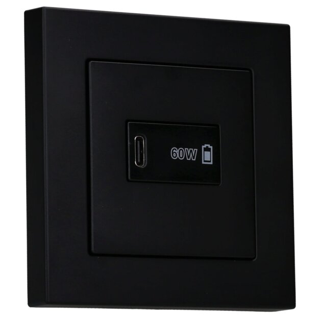 Jung Serie A USB Set Graphitschwarz Matt: USBPD60CSW USB-PD60-Ladegerät + A1569USBSWM Abdeckung für USB + A5581BFSWM Rahmen 1-fach