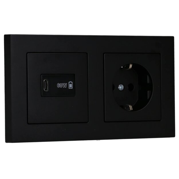 Jung Serie A USB Set Graphitschwarz Matt: USBPD60CSW USB-PD60-Ladegerät + A1569USBSWM Abdeckung + A1520BFSWM SCHUKO Steckdose + A5582BFSWM Rahmen 2-fach