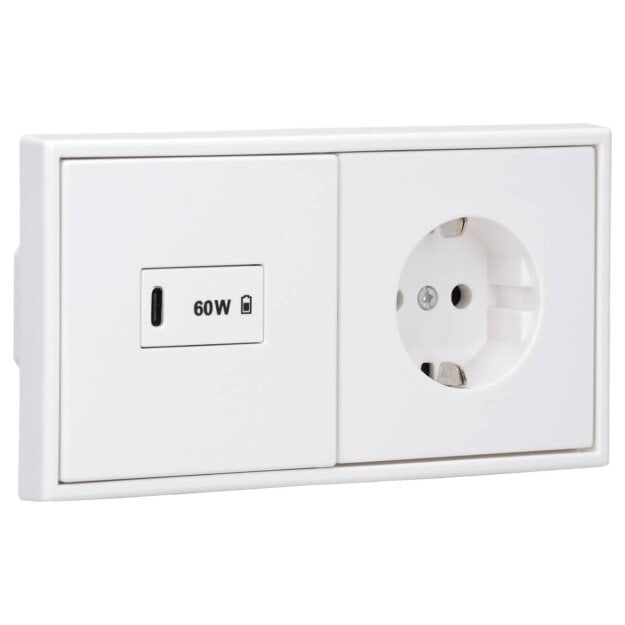 Jung Serie LS USB Set Alpinweiß: USBPD60CWW USB-PD60-Ladegerät + LS1969USBWW Abdeckung + LS1520WW SCHUKO Steckdose + LS982WW Rahmen 2-fach