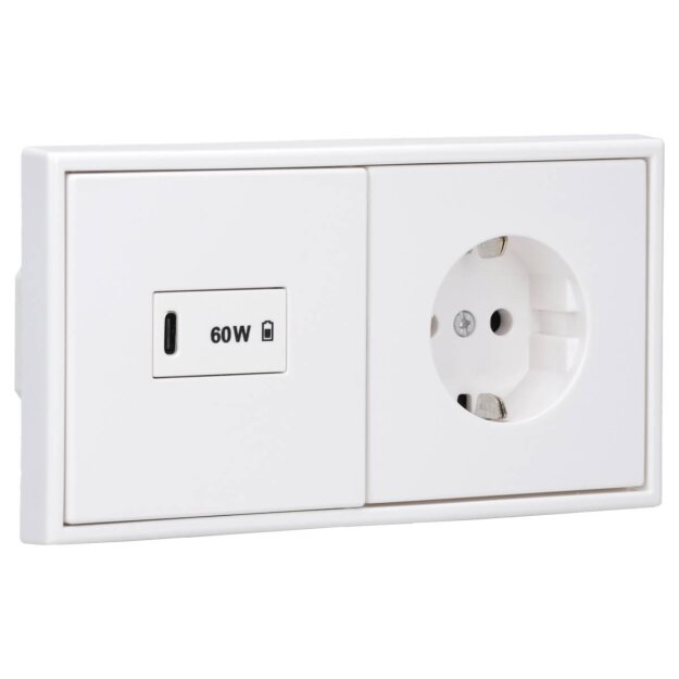 Jung Serie LS USB Set Schneeweiß Matt: USBPD60CWW USB-PD60-Ladegerät + LS1969USBWWM Abdeckung + LS1520WWM SCHUKO Steckdose + LS982WWM Rahmen 2-fach