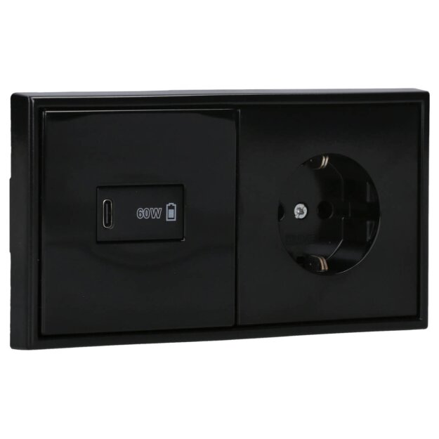 Jung Serie LS USB Set Schwarz: USBPD60CSW USB-PD60-Ladegerät + LS1969USBSW Abdeckung + LS1520SW SCHUKO Steckdose + LS982SW Rahmen 2-fach
