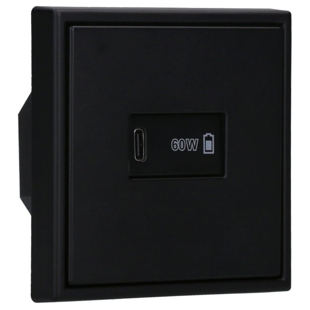 Jung Serie LS USB Set Graphitschwarz Matt: USBPD60CSW USB-PD60-Ladegerät + LS1969USBSWM Abdeckung für USB + LS981SWM Rahmen 1-fach