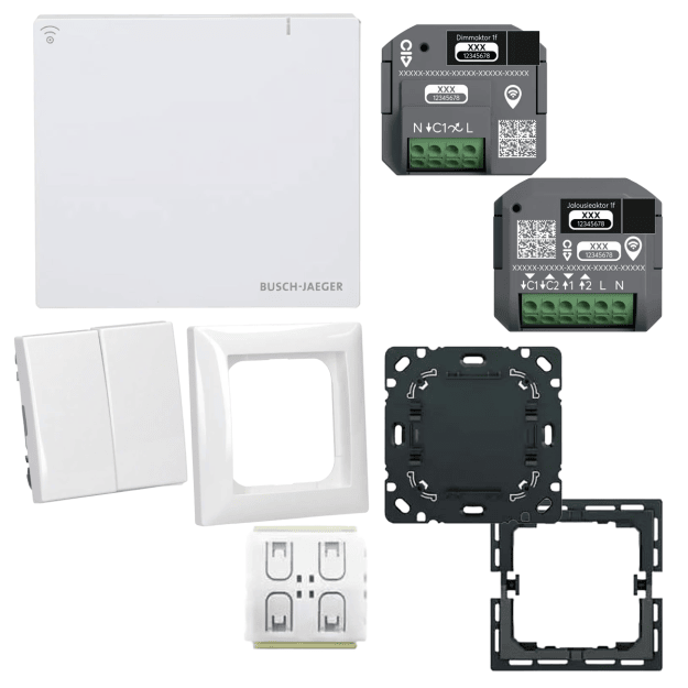 Busch-Jaeger Licht & Jalousie Set: System Access Point 3.0 Wireless + Dimmaktor + Jalousieaktor + Smart-Switch + Busch-balance SI 1-fach Rahmen & Serien-Wippe