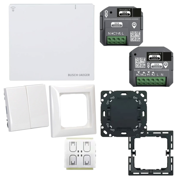 Busch-Jaeger Licht & Rolladen Set: SAP.13-WL System Access Point 3.0 Wireless + 62851 U-WL Dimmaktor 1-fach + 62831-U-WL Jalousieaktor +  62721/01 U-WL Smart-Switch + Busch-balance® SI 1-fach Rahmen & 2506-914 Wippe
