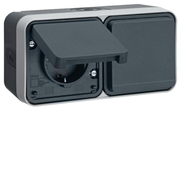 Hager WNC182 Steckdose SCHUKO 2-fach waagerecht mit Klappdeckel 4L AP Grau