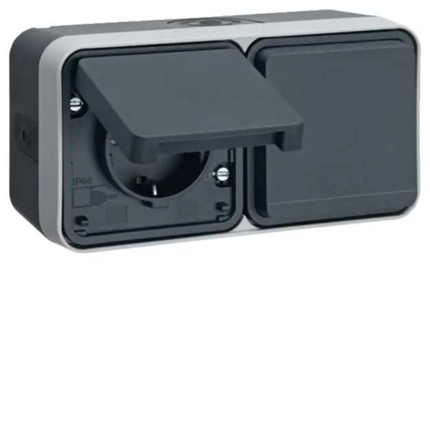 Hager WNC182 Steckdose SCHUKO 2-fach waagerecht mit Klappdeckel 4L AP Grau