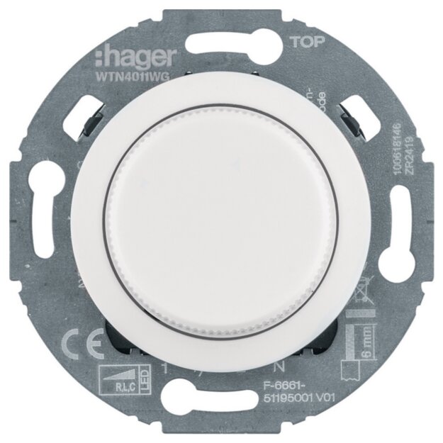 Hager WTN4011WG Universal-Drehdimmer mit Zentralstück (R L C LED) Serie 1930/Glas Polarweiß glänzend