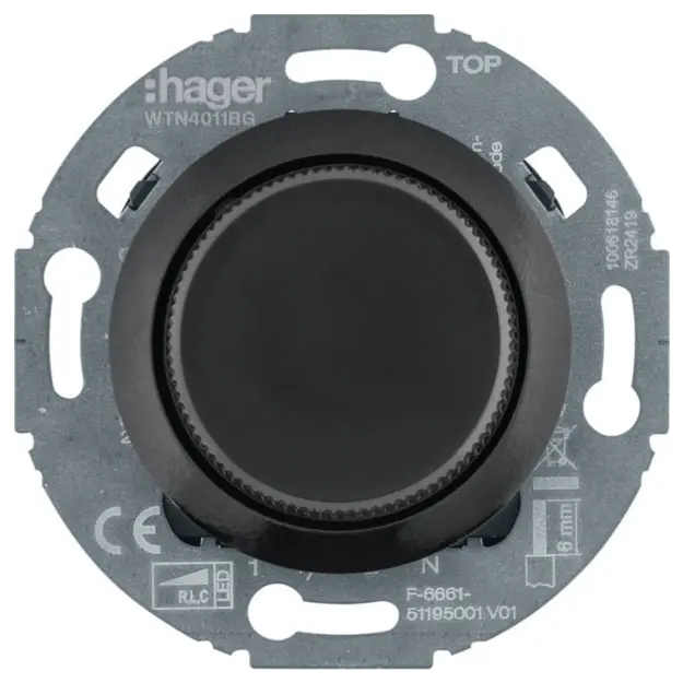 Hager WTN4011BG Universal-Drehdimmer mit Zentralstück (R L C LED) Serie 1930/Glas Schwarz glänzend