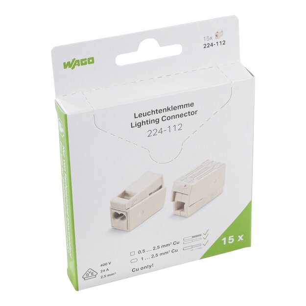 Wago 224-112/995-015 2-Leiter-Leuchtenklemme Drücker Leuchtenseite Leuchtenseite: für alle Leiterarten Weiß