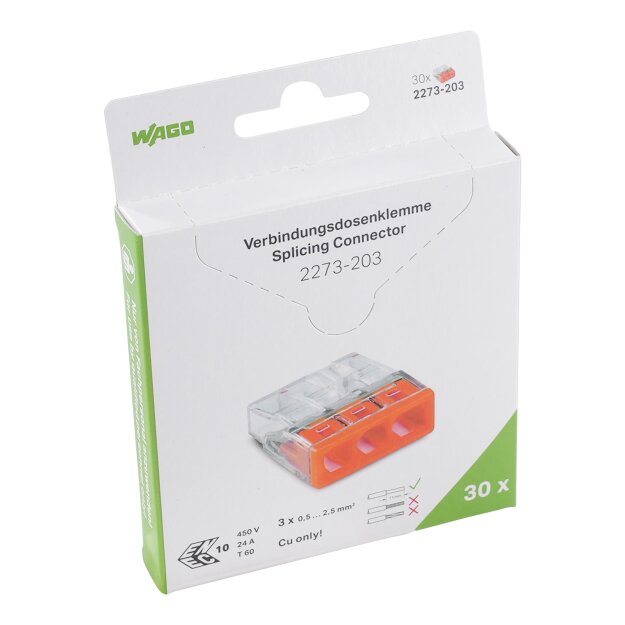 Wago 2273-203/995-030 Verbindungsklemme zum Stecken für eindrähtige Leiter max. 2,5 mm² transparent