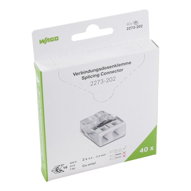 Wago 2273-202/995-040 Verbindungsklemme zum Stecken für eindrähtige Leiter max. 2,5 mm² transparent