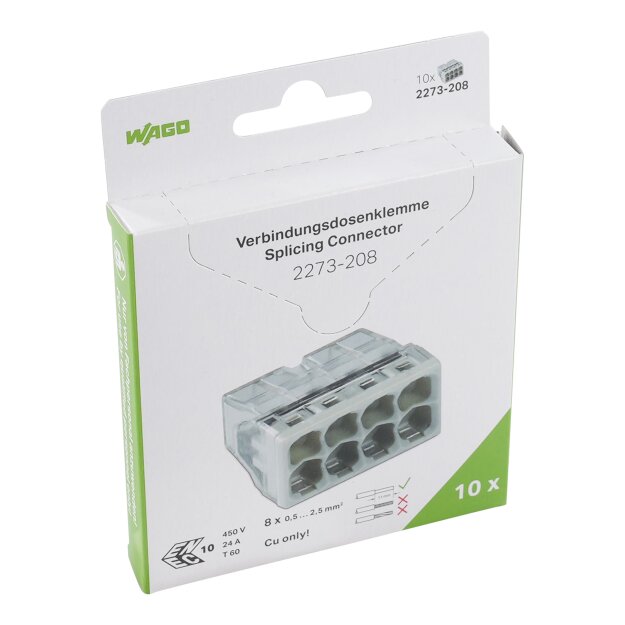 Wago 2273-208/995-010 Verbindungsklemme zum Stecken für eindrähtige Leiter max. 2,5 mm² transparent