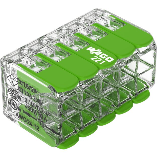 Wago 221-430 Verbindungsklemme mit Hebeln Green Range für alle Leiterarten max. 4 mm² transparent