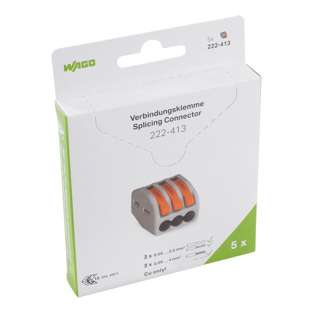 Wago 222-413/995-005 Verbindungsklemme mit Hebeln für alle Leiterarten max. 4 mm² Grau