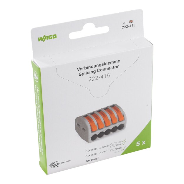 Wago 222-415/995-005 Verbindungsklemme mit Hebeln für alle Leiterarten max. 4 mm² Grau