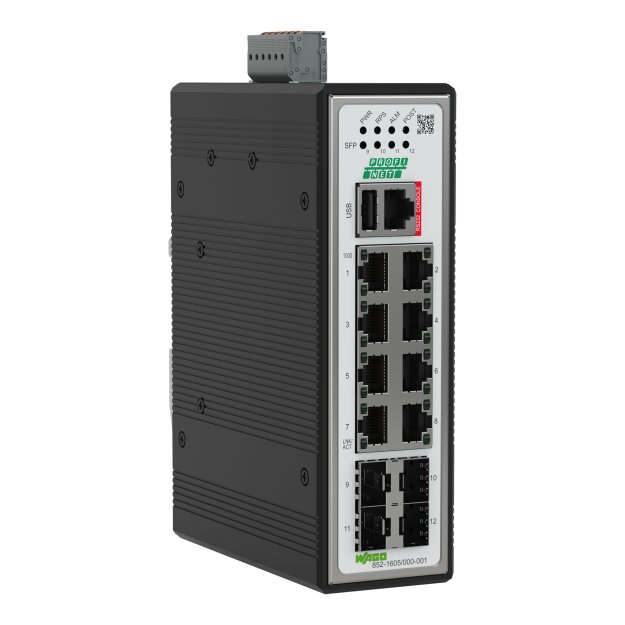 Wago 852-1605/000-001 Industrial-Managed-Switch 8 Ports 1000Base-T 4 SFP Gigabit Ethernet Ports metallisch schwarz