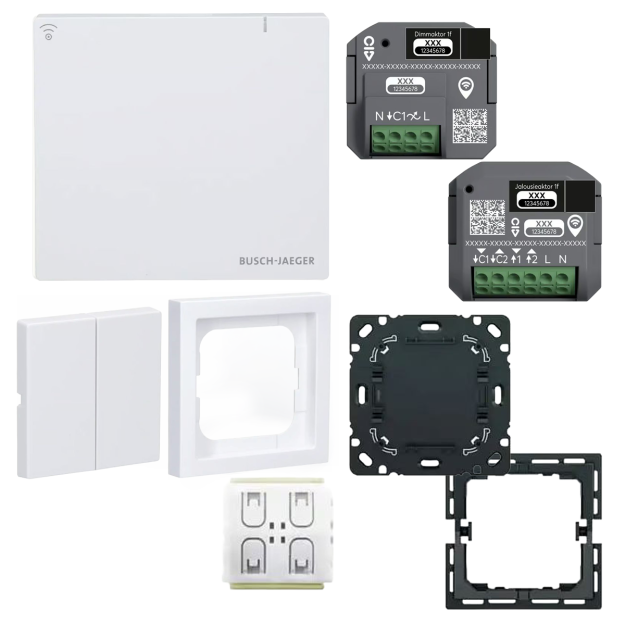 Busch-Jaeger Licht & Rolladen Set: System Access Point 3.0 Wireless +Dimmaktor + Jalousieaktor + Smart-Switch + future linear-Abdeckrahmen & Serienwippe Studioweiß