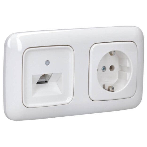 Busch-Jaeger Reflex SI Set: 1x RKB RJ45 Netzwerkdose mit Zentralscheibe + 1x 20 EUC-214 SCHUKO® Steckdosen-Einsatz + 1x 2512-214 2-fach Rahmen Alpinweiß