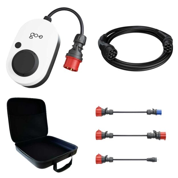 Komplettset go-e Charger Gemini flex 11 kW mobile Wallbox inkl. 5m Ladekabel Typ 2 - Haushaltsstecker Set und Transporttasche