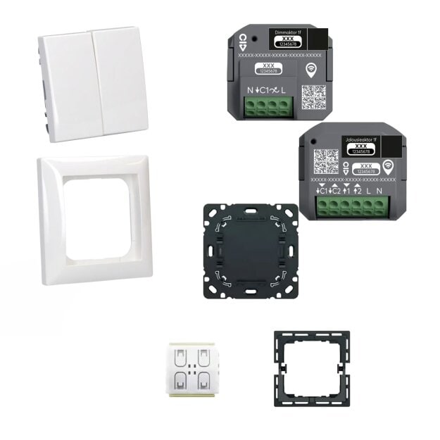 Busch-Jaeger Licht & Jalousie-Set: 62851 U-WL Dimmaktor 1-fach + 62831-U-WL Jalousieaktor +  62721/01 U-WL Smart-Switch + Busch-balance SI 1-fach Rahmen & 2505-914 Serien-Wippe