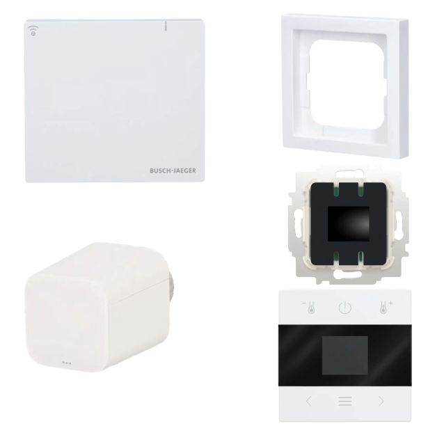 Busch-Jaeger free@home Heizkörperthermostat Set mit System Access Point: 62842 U-WL Raumtemperaturregler + 6257-WL Thermostat + Zentralscheibe + future® linear Rahmen studioweiß