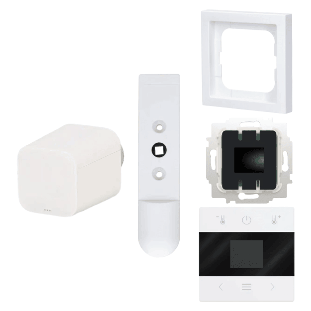 Busch-Jaeger free@home Heizkörperthermostat Set: Raumtemperaturregler-Einsatz + Heizkörperthermostat + Zentralscheibe + future® linear Rahmen studioweiß + Fenstermelder