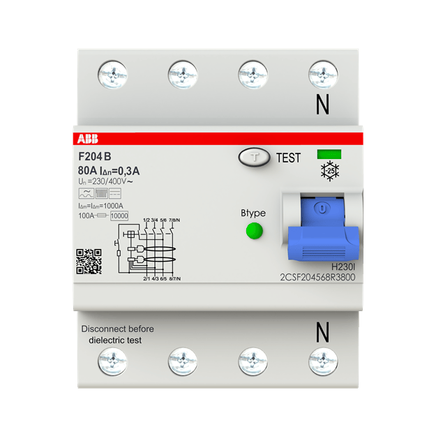 ABB F204 B-80/0.3 FI-Schalter Typ B 4P 80A 300mA 3kA 4TE allstromsensitiv kurzzeitverzögert 2CSF204568R3800