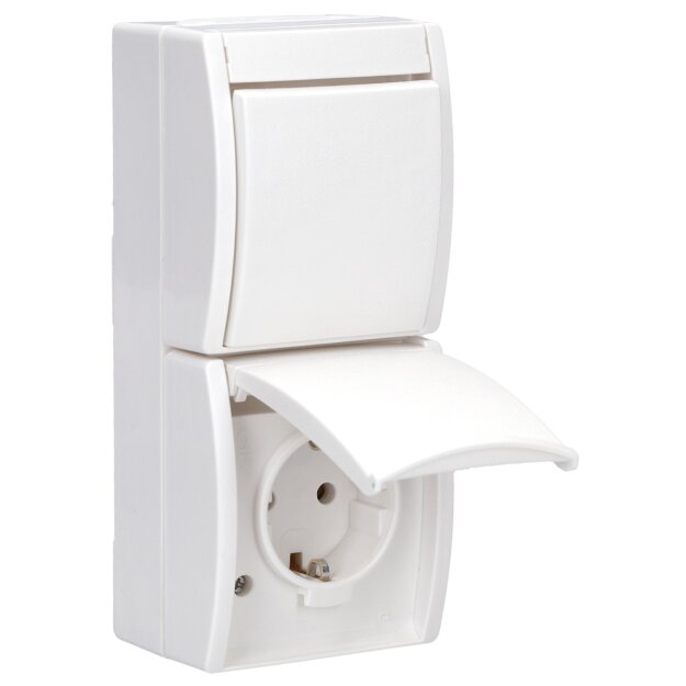 Busch-Jaeger 2601/6/20 EW-54 Kombination SCHUKO® Steckdose, mit Wippschalter Aus- und Wechselschaltung (Thermoplast) Alpinweiß ocean® (IP 44) Aufputz Steckdose 2CKA001684A0327