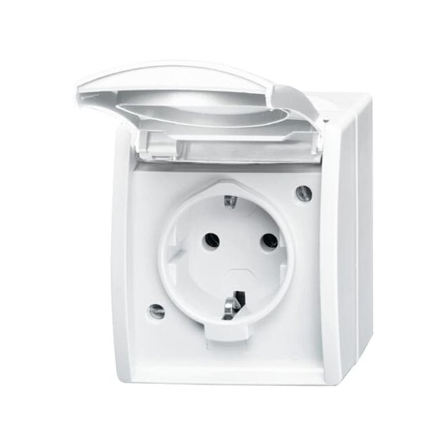 Busch-Jaeger 20 EWN-54 SCHUKO® Steckdose mit Klappdeckel und Beschriftungsfeld (Thermoplast) Alpinweiß ocean® (IP 44) Aufputz Steckdose 2CKA002083A0831