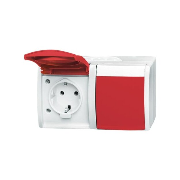 Busch-Jaeger 20/2 EW/DVN-54 SCHUKO® Steckdose 2-fach, mit roten Klappdeckeln (Thermoplast) Alpinweiß ocean® (IP 44) Aufputz Steckdose 2CKA002084A0713
