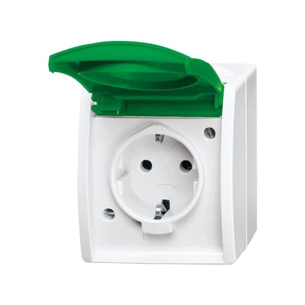 Busch-Jaeger 20 EWN-13-54 SCHUKO® Steckdose mit grünem Klappdeckel (Thermoplast) Alpinweiß ocean® (IP 44) Aufputz Steckdose 2CKA002083A0837