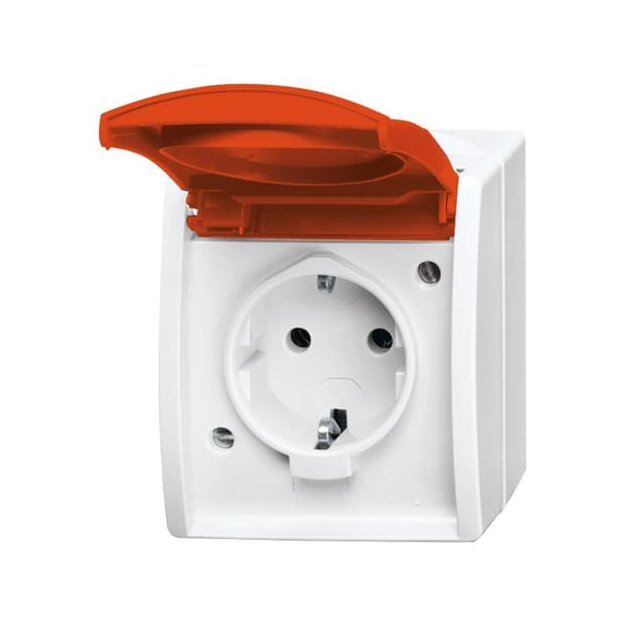 Busch-Jaeger 20 EW/DVN-54 SCHUKO® Steckdose mit rotem Klappdeckel (Thermoplast) Alpinweiß ocean® (IP 44) Aufputz Steckdose 2CKA002083A0839