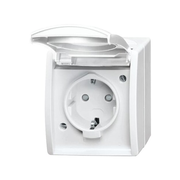 Busch-Jaeger 20 EBW-54 SCHUKO® Steckdose mit erh. Berührungsschutz (Thermoplast) Alpinweiß ocean® (IP 44) Aufputz Steckdose 2CKA002083A0843