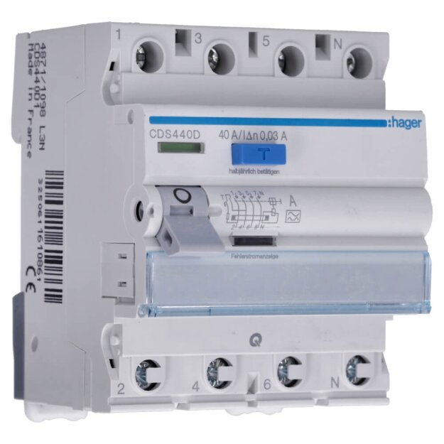 Hager FI-Schutzschalter CDS440D 4-polig 6kA 40A 30mA Typ A QC