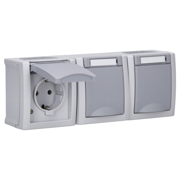 Aufputz Feuchtraum Steckdose 3-fach waagrecht IP54, vorverdrahtet, Modell Pacific, grau