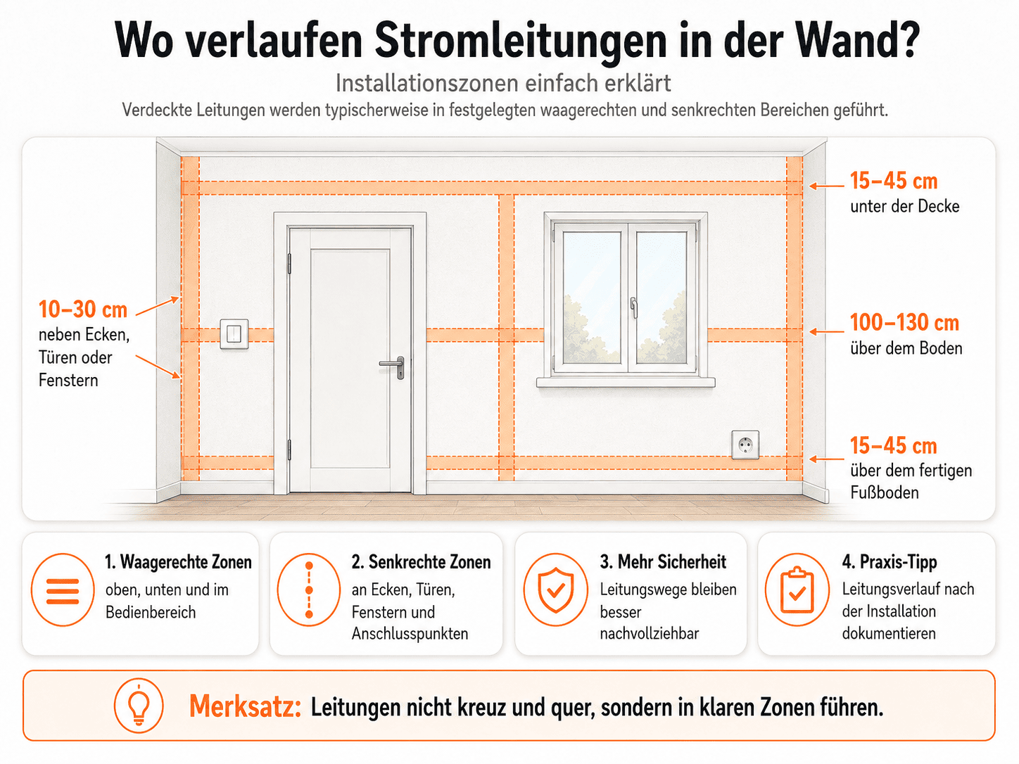 Installationszonen für Stromleitungen in einer Wand mit waagerechten und senkrechten Bereichen neben Decke, Boden, Türen und Fenstern