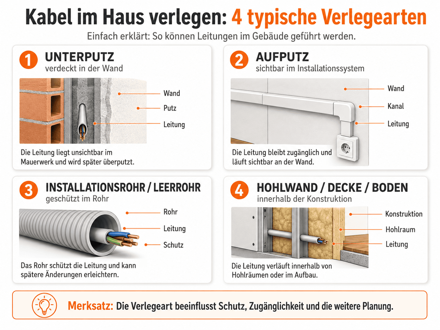 Vier typische Verlegearten für Kabel im Haus: Unterputz, Aufputz, Installationsrohr beziehungsweise Leerrohr sowie Hohlwand, Decke und Boden