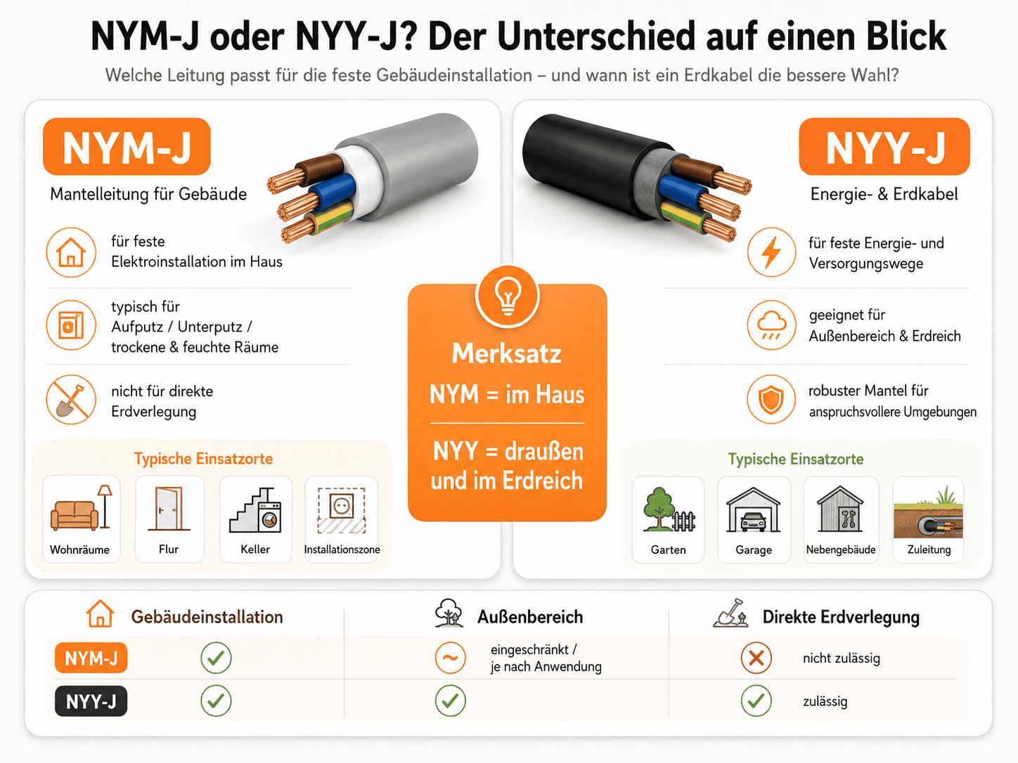 NYM-Mantelleitung und NYY-Erdkabel im Vergleich mit typischen Einsatzbereichen im Gebäude, Außenbereich und Erdreich