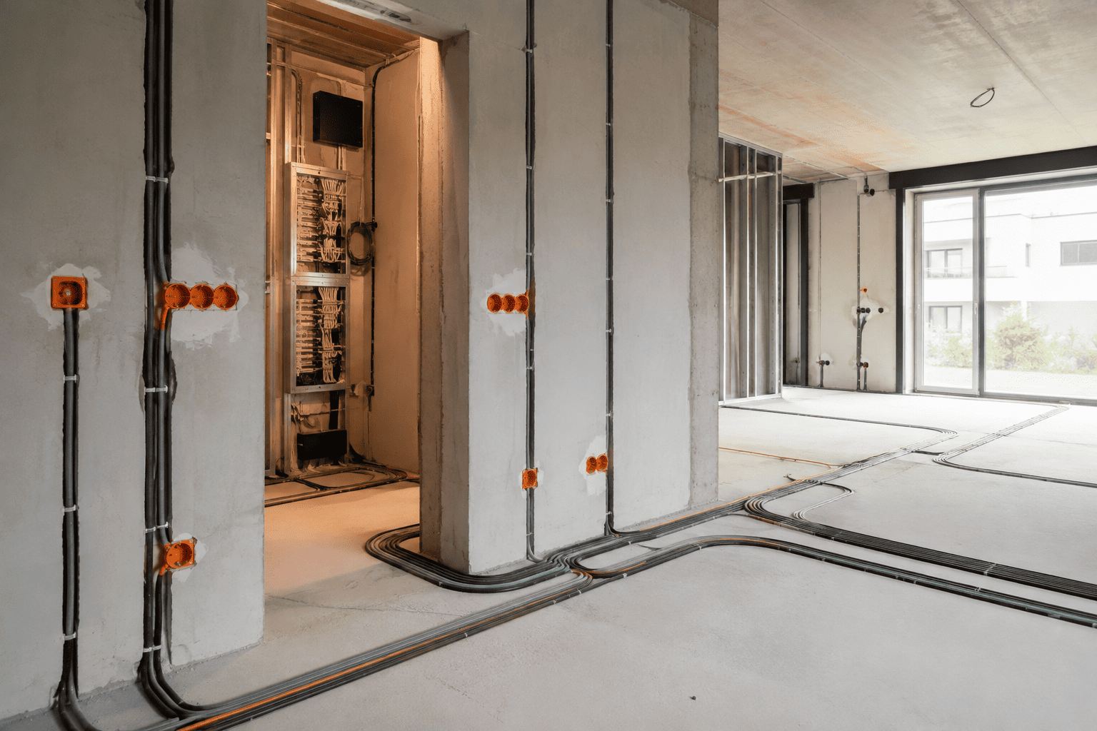 Hausverkabelung im Neubau mit vorbereiteten Leitungswegen, Installationsdosen sowie Strom- und Datenleitungen