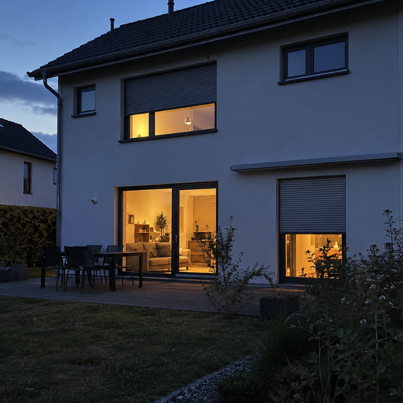 Lichtszene am Abend mit beleuchtetem Wohnraum und Rollläden