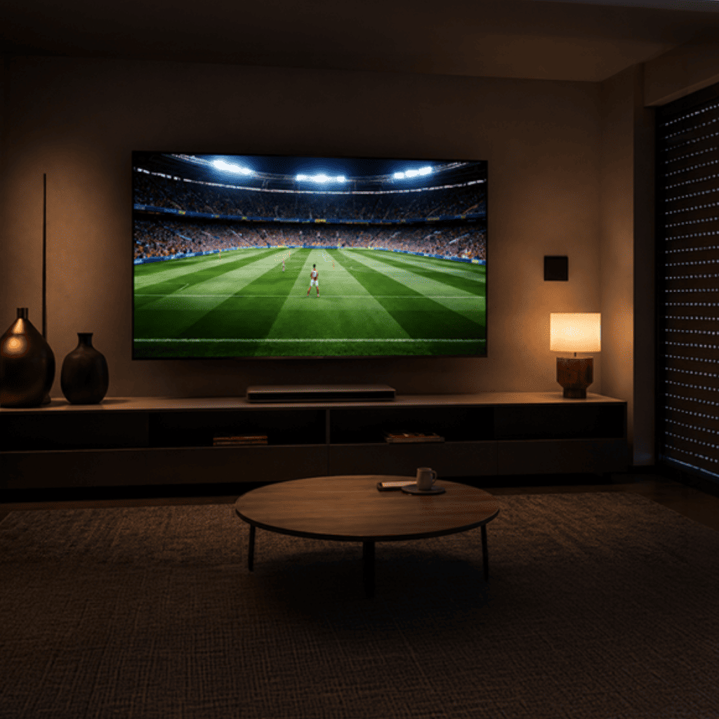 Wohnzimmer mit Heimkino, gedimmtem Licht und geschlossenen Rollläden