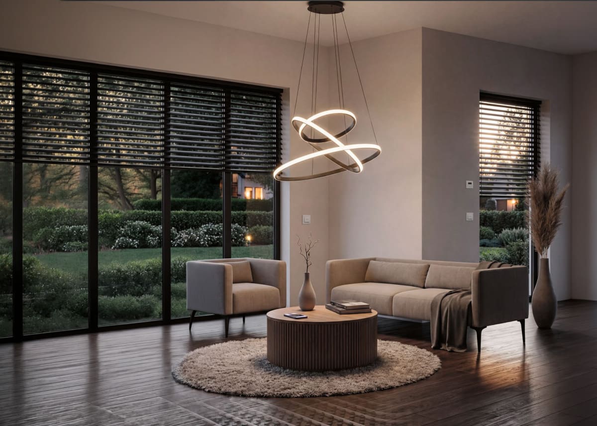 Modernes Wohnzimmer mit Beleuchtung und Jalousien als Anwendungsbeispiel für JUNG HOME Smart Home