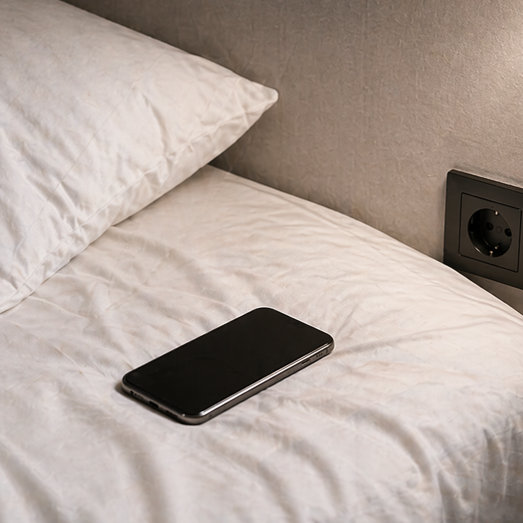 Smartphone liegt im Bett ohne festen Ladeplatz