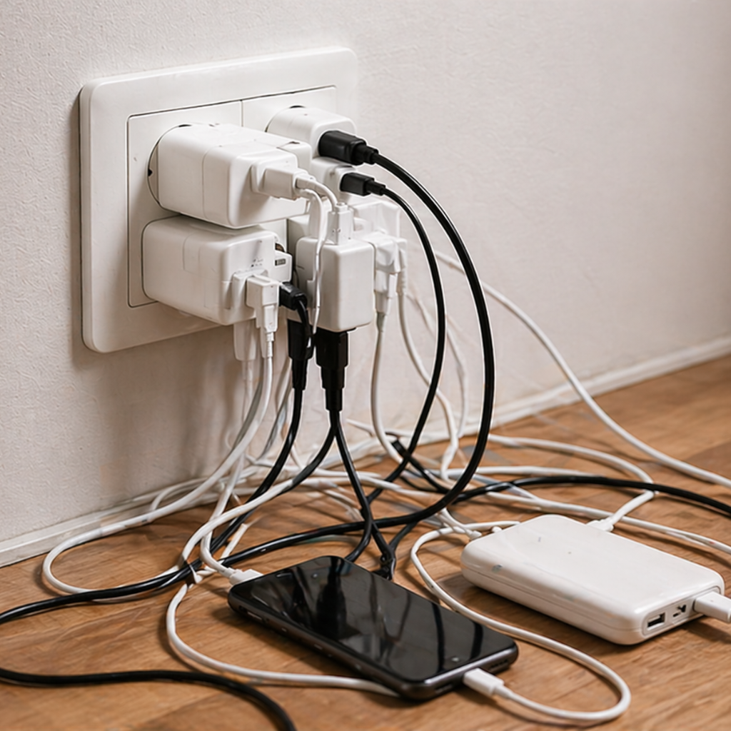 Steckdosen mit mehreren Netzteilen und Kabeln