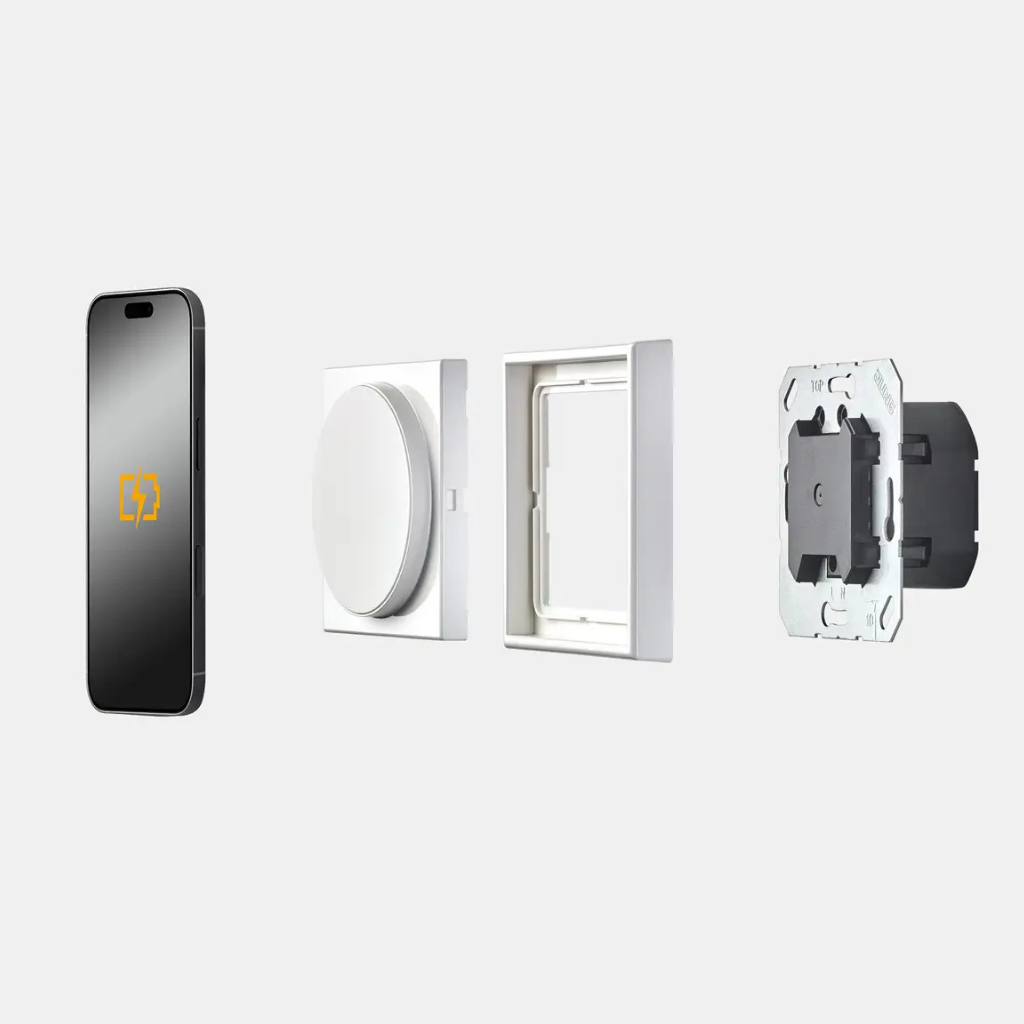 Systemaufbau induktives Laden mit JUNG Magnetic Charger Unterputz-Einsatz Ladeeinheit Abdeckung